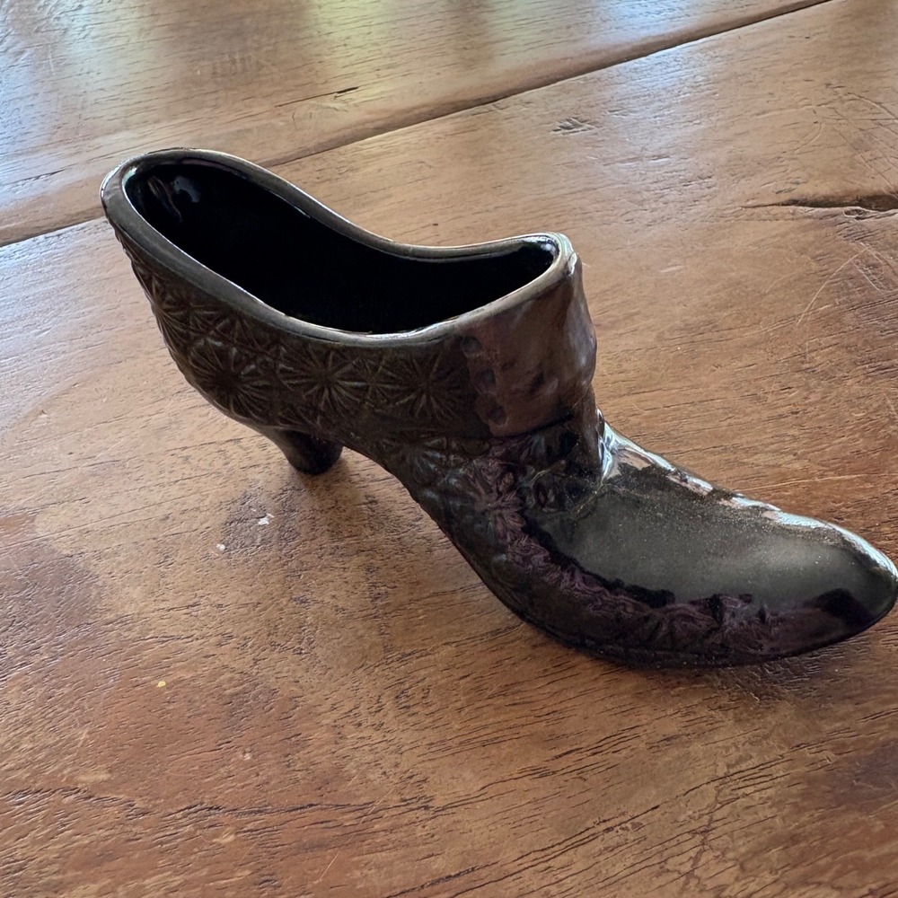 Victorian Ceramic Boot Figurine Metallic Bronze Glaze‎ Floral Embossed Vtg Black